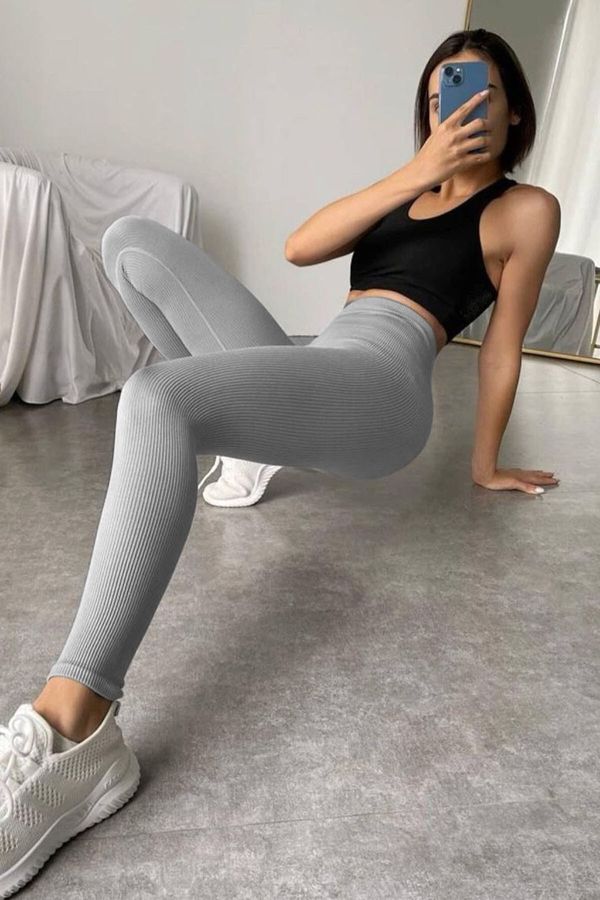 Madmext Madmext Dyed Gray High Waist Women's Ribbed Leggings