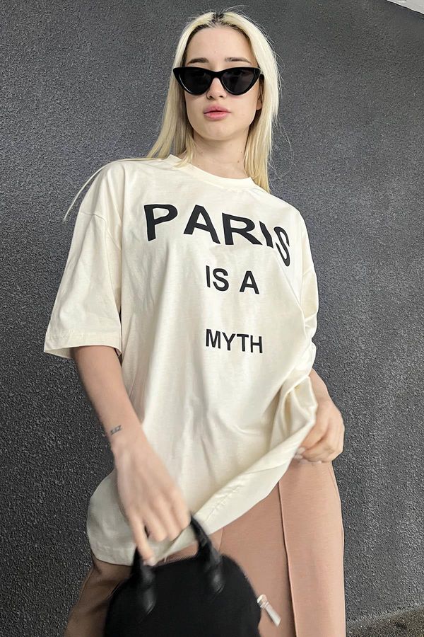 Madmext Madmext Ecru Women's Paris Printed T-Shirt