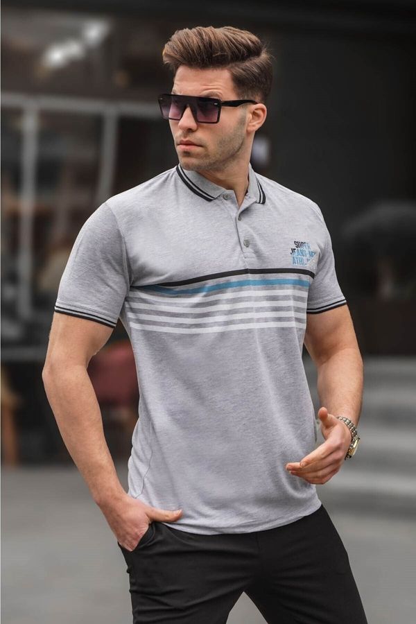 Madmext Madmext Gray Striped Polo Neck T-Shirt 5869