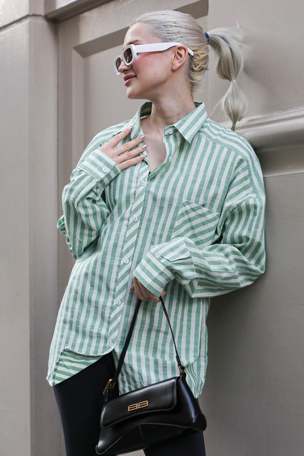 Madmext Madmext Green Striped Oversize Women's Shirt