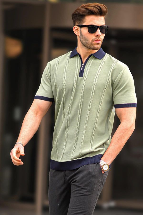 Madmext Madmext Green Zipper Detailed Polo Collar Men's T-Shirt 6874