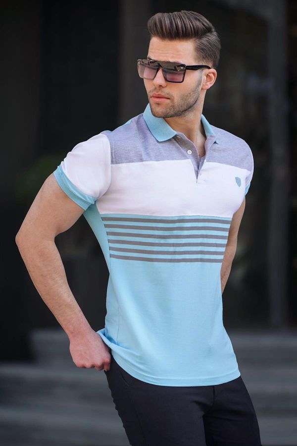 Madmext Madmext Men's Blue Polo Neck Striped T-Shirt 5865