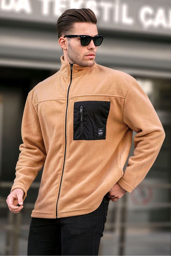 Madmext Madmext Men's Camel High Neck Zipper Windproof Outdoor Fleece Sweatshirt 6046