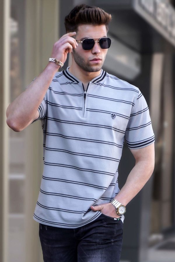 Madmext Madmext Men's Painted Gray Striped Polo Neck T-Shirt 5874