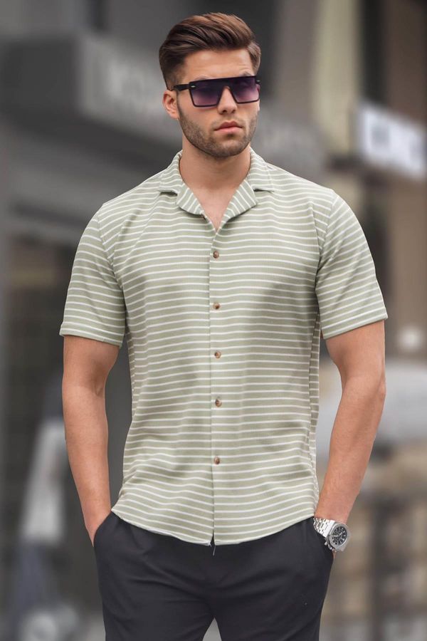 Madmext Madmext Men's Water Green Striped Slim Fit Short Sleeve Shirt 5591