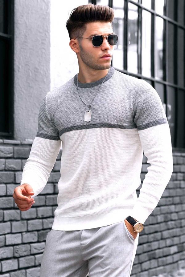 Madmext Madmext Men's White Color Block Sweater 4734