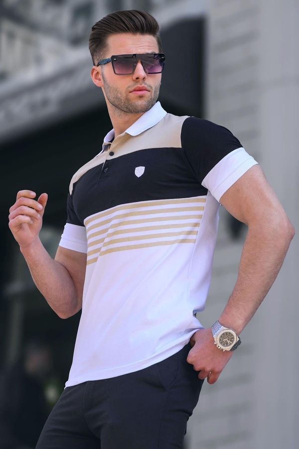 Madmext Madmext Men's White Polo Neck Striped T-Shirt 5865