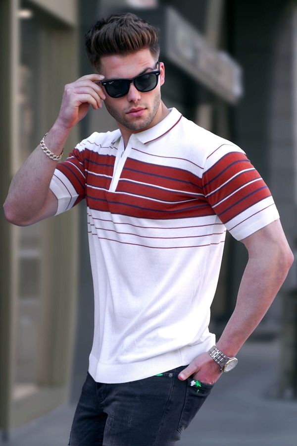 Madmext Madmext Men's White Polo Neck Zippered T-Shirt 5733