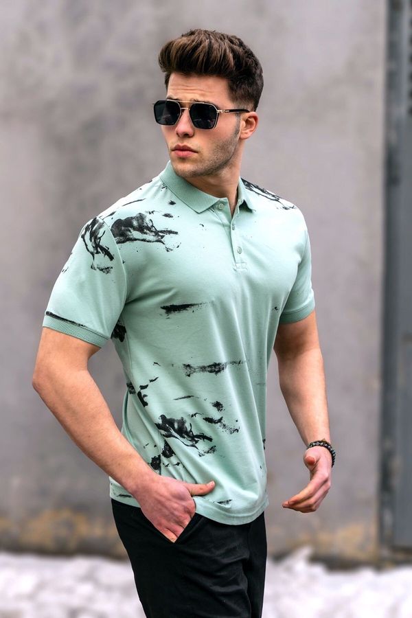 Madmext Madmext Mint Green Men's Polo Neck Patterned T-Shirt.
