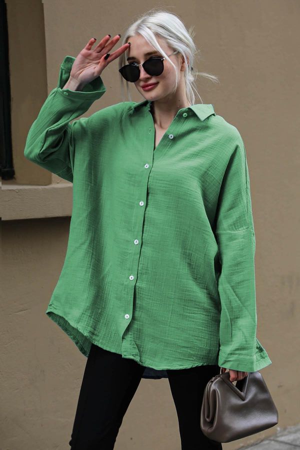 Madmext Madmext Moss Green Muslin Fabric Basic Women's Shirt