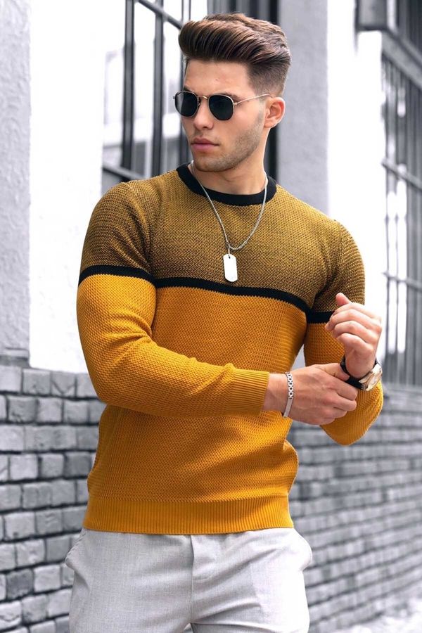 Madmext Madmext Mustard Color Block Men's Sweater 4734