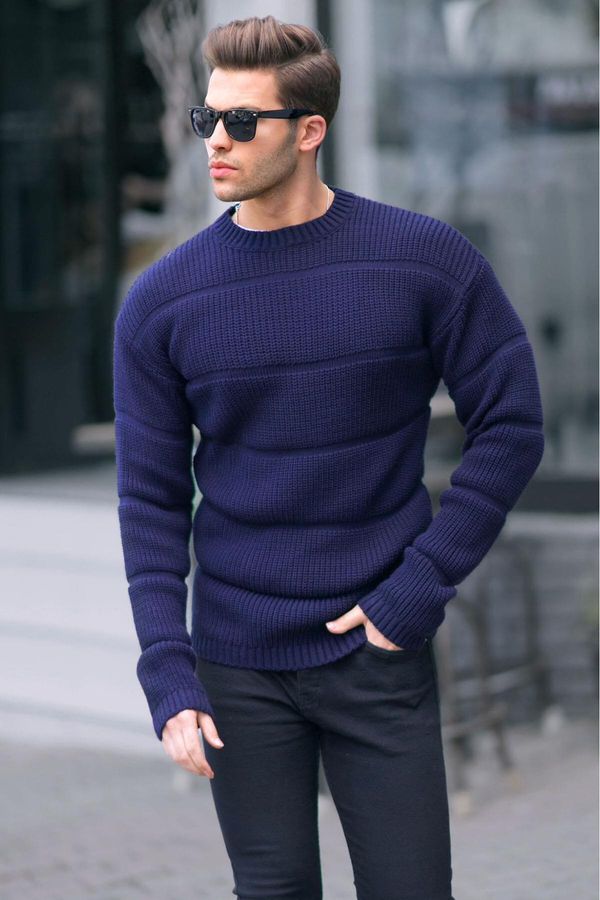 Madmext Madmext Navy Blue Crew Neck Knitted Sweater 6855