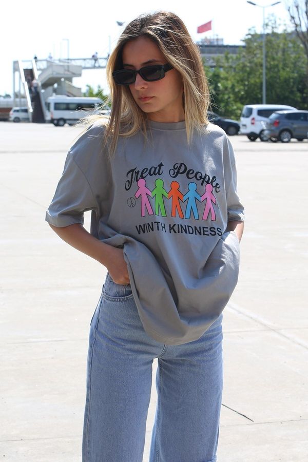 Madmext Madmext Painted Gray Printed Oversized T-Shirt