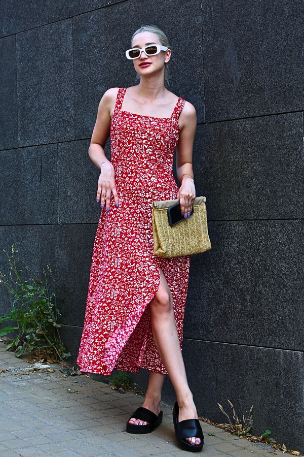 Madmext Madmext Red Patterned Slit Long Dress