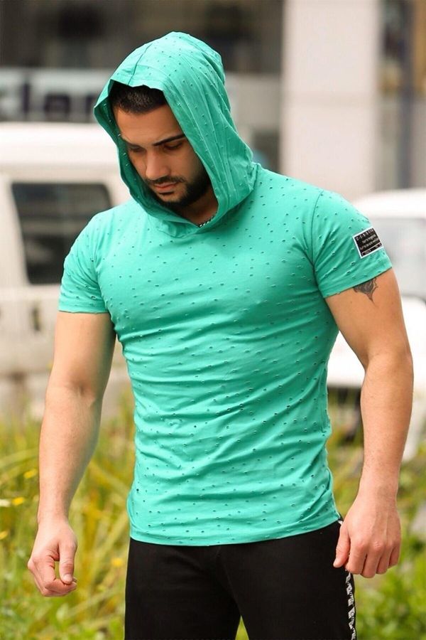 Madmext Madmext Ripped Detailed Green Hooded T-Shirt 3069