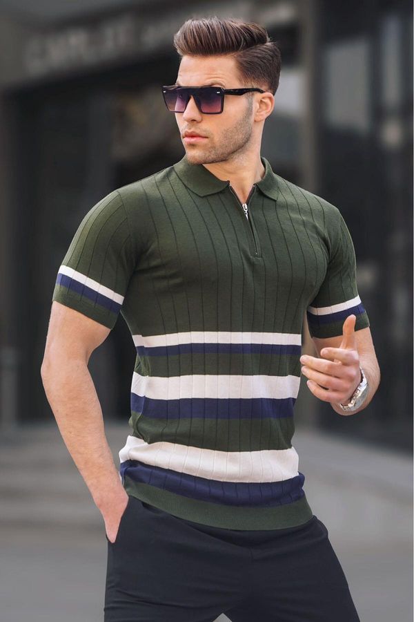 Madmext Madmext Striped Knitwear Khaki Polo Neck T-Shirt 6356