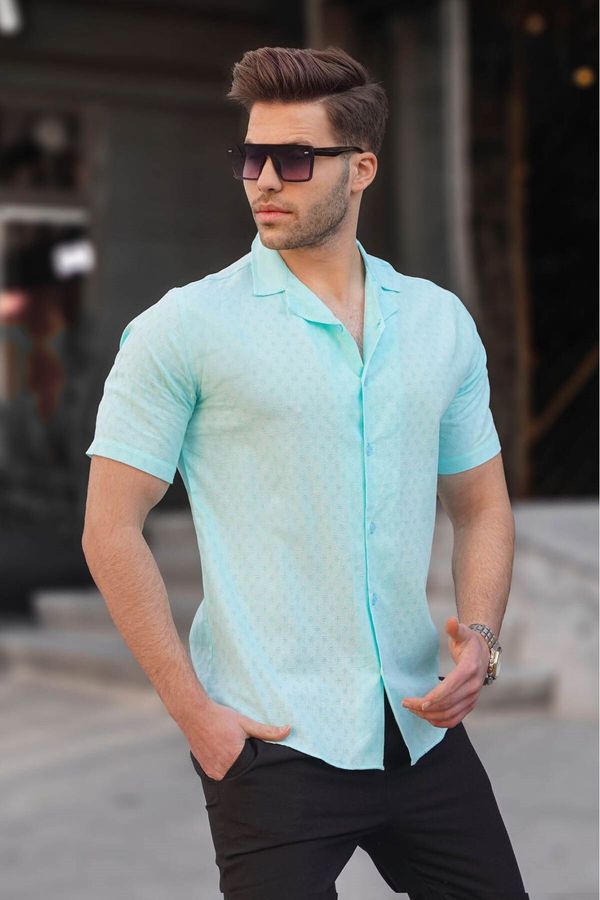 Madmext Madmext Turquoise Slim Fit 100% Cotton Short Sleeve Men's Shirt 5585