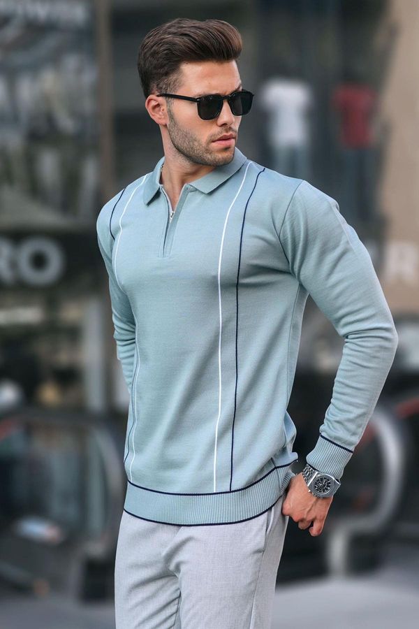 Madmext Madmext Water Green Zippered Polo Neck Knitwear Men's Sweater 6823