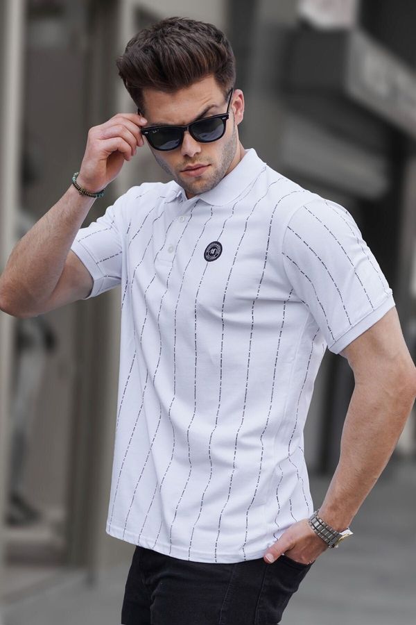 Madmext Madmext White Buttoned Striped Polo Neck T-Shirt 5879
