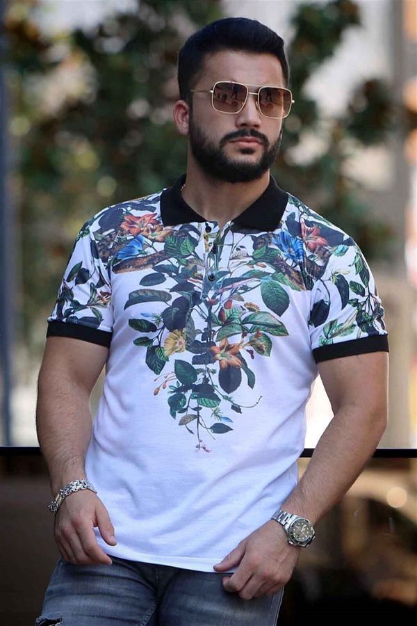 Madmext Madmext White Floral Detailed Polo T-Shirt 2885