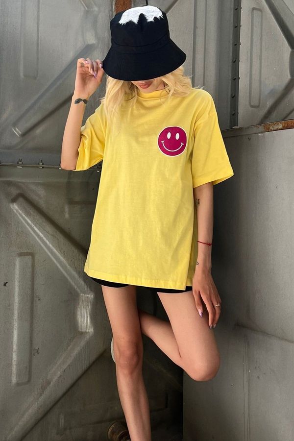 Madmext Madmext Yellow Back Printed Oversized Round Neck Women's T-Shirt