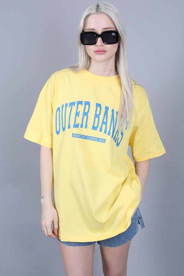 Madmext Madmext Yellow Printed Oversize Round Neck Women's T-Shirt
