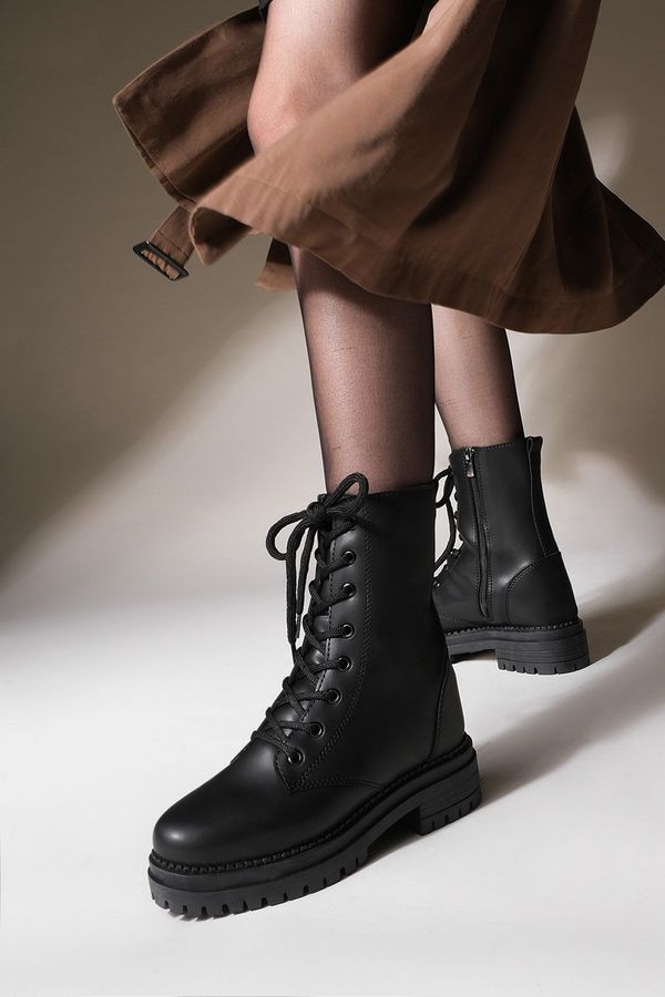 Marjin Marjin Women's Boots Boots with Zipper Lace-up Serrated Sole Celare Black