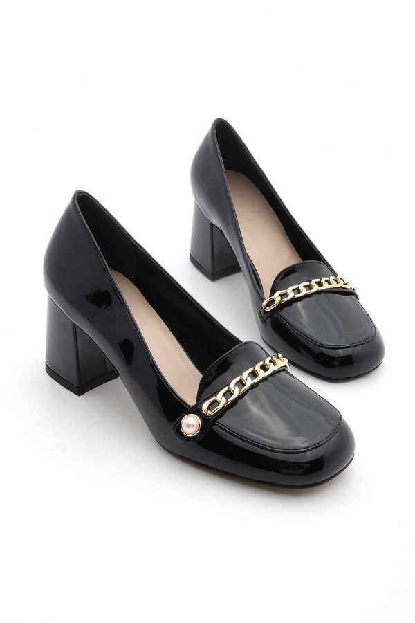 Marjin Marjin Women's Chunky Heel Chain Flat Toe Classic Heel Shoes Makros Black Patent Leather