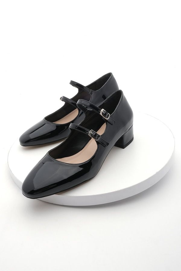 Marjin Marjin Women's Double Strap Classic Heeled Shoes Alsef Black Patent Leather