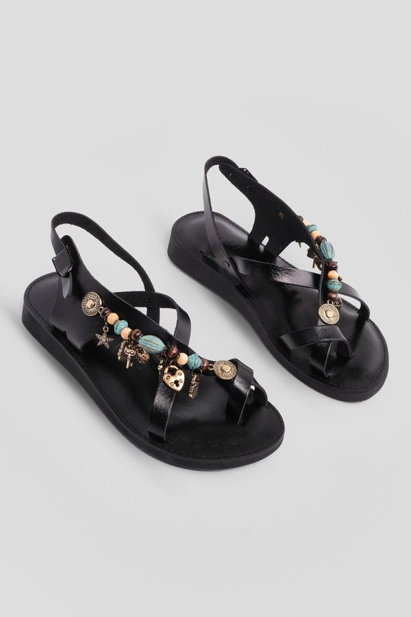 Marjin Marjin Women's Genuine Leather Accessory Eva Sole Flip-Flops Daily Sandals Devila Black