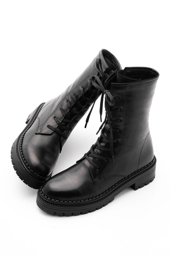 Marjin Marjin Women's Genuine Leather Boots Boots with Zipper, Lace-up Serrated Sole Daily Boots Kariva Black.