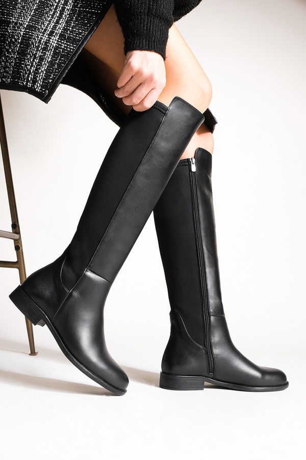 Marjin Marjin Women's Genuine Leather Stretch Daily Boots With Elasticated Ankle Boots Zipper Zolen Black