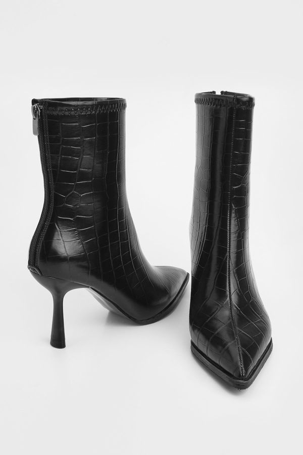 Marjin Marjin Women's Heeled Boots Pointed Toe Goblet Heel Zipper Back Daily Classic Boots Monos Black Croco