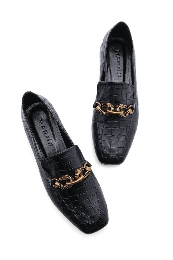 Marjin Marjin Women's Loafers Chain Accessorized Loafers Casual Shoes Alva Black Croco