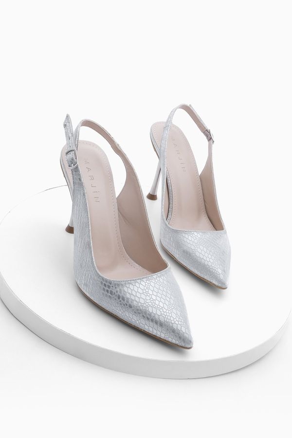 Marjin Marjin Women's Pointed Toe Evening Dress With Scarf Classic Heel Shoes Goseva Silver