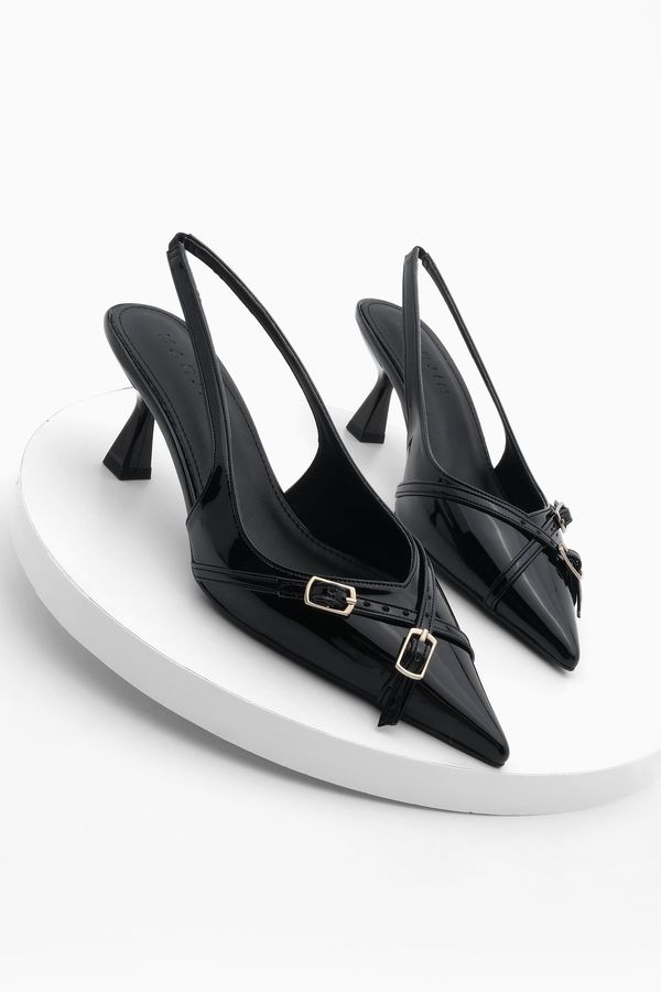Marjin Marjin Women's Pointed Toe Open Back Thin Heel Classic Heel Shoes Kesef Black Patent Leather