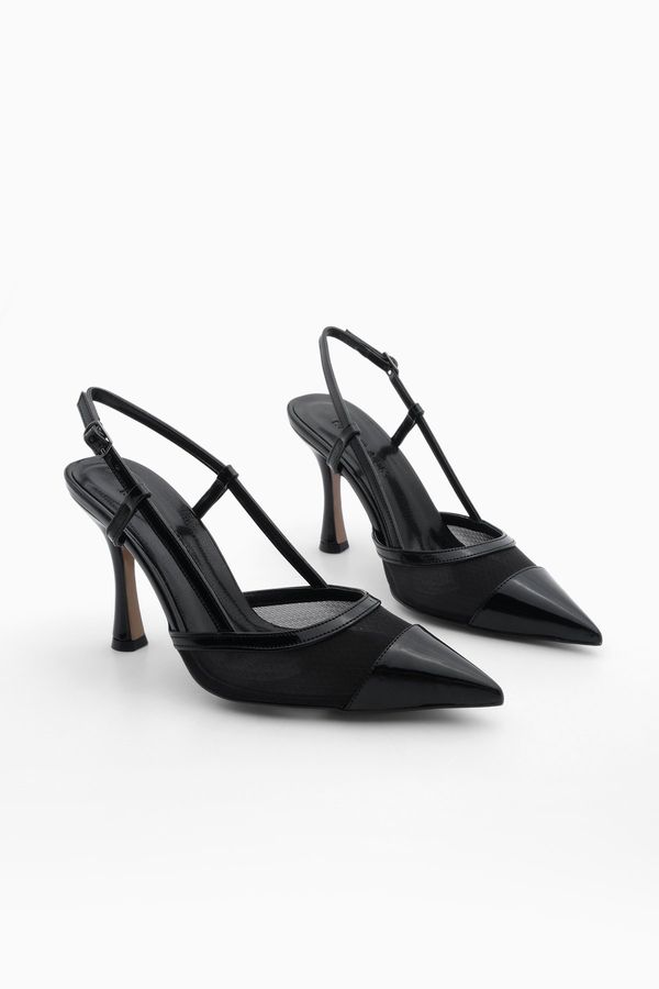 Marjin Marjin Women's Pointed Toe Scarf Mesh Classic Heeled Shoes Reles Black Patent Leather