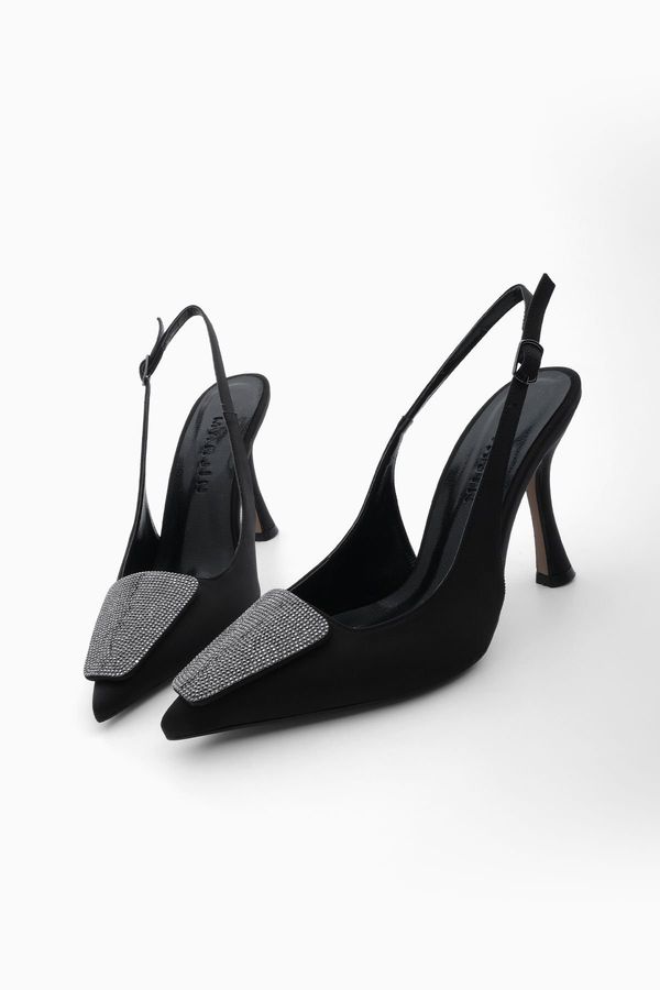 Marjin Marjin Women's Pointed Toe Stone Open Back Evening Dress Classic Heeled Shoes Rayisa Black Satin
