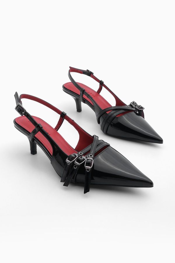 Marjin Marjin Women's Pointed Toe Thin Heel Three-Stripes Classic Heeled Shoes Lefar Black Patent Leather