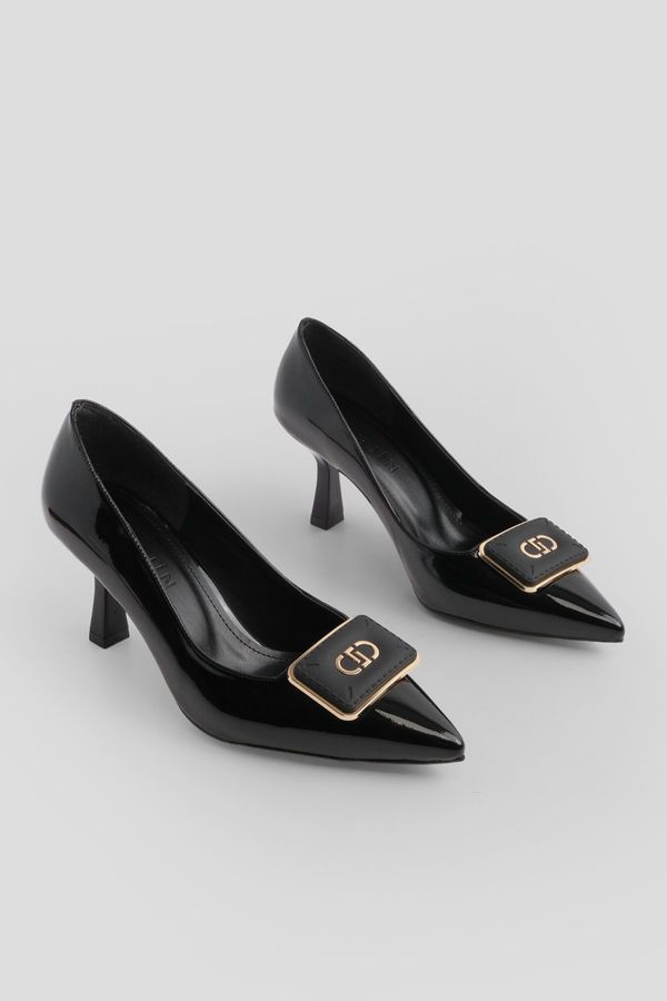 Marjin Marjin Women's Stiletto Pointed Toe Buckled Thin Heel Heel Shoes Elsem Black Patent Leather