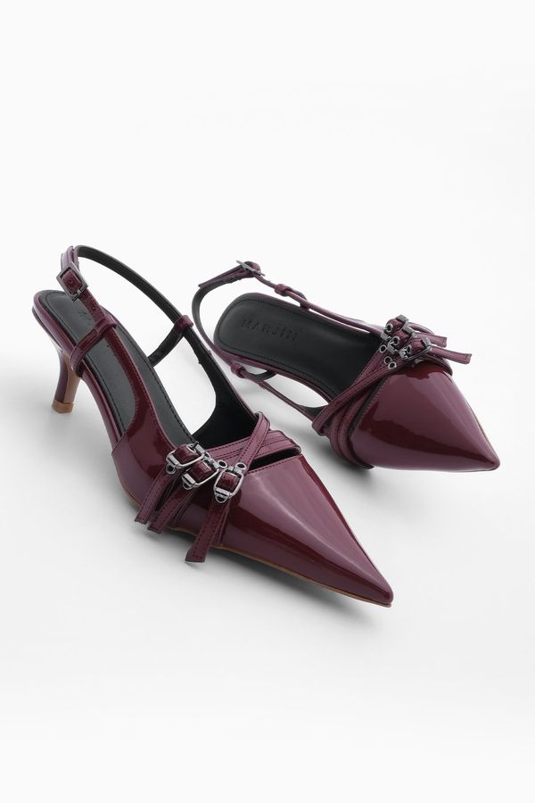 Marjin Marjin Women's Stiletto Pointed Toe Scarf Thin Heel Three-Stripes Heeled Shoes Lefar Burgundy Patent Leather