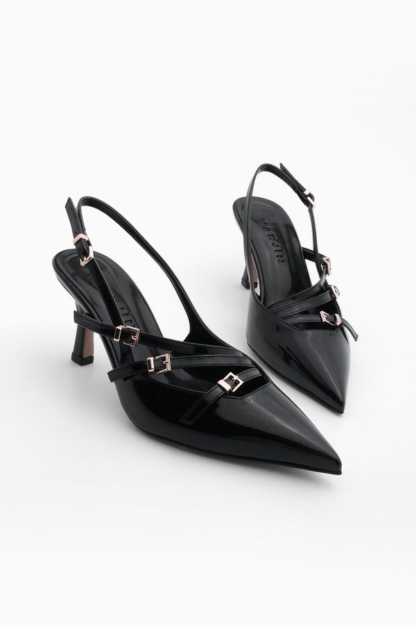 Marjin Marjin Women's Stiletto Pointed Toe Tri-Strip Belt Detail Open Back Heeled Shoes Bevil Black Patent Leather