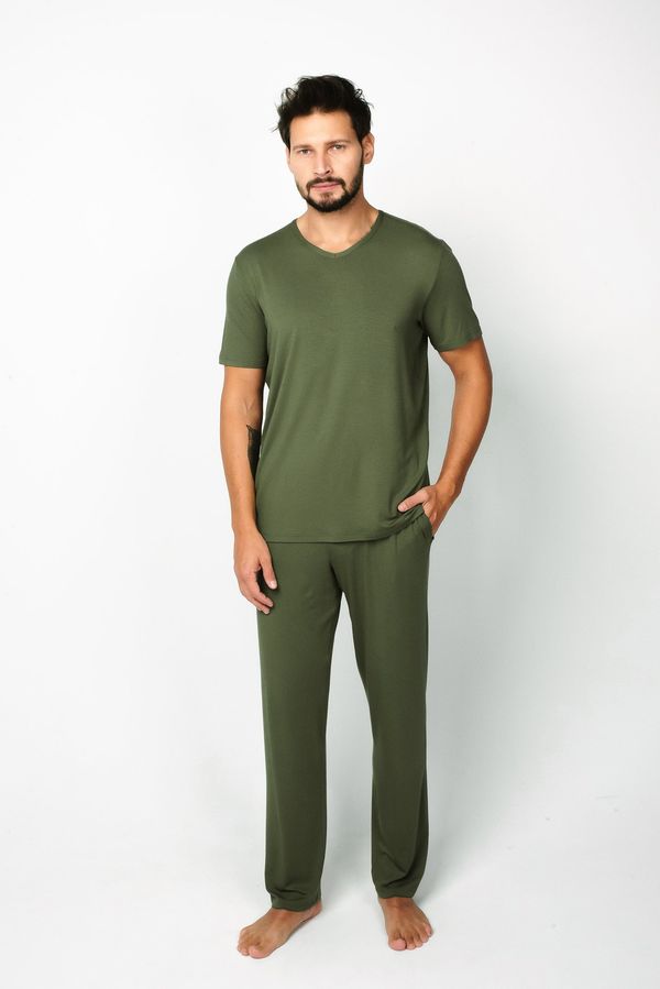Italian Fashion Men's pajamas Dallas, short sleeves, long pants - khaki