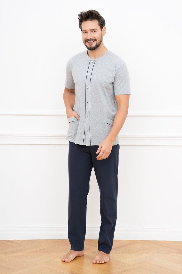 Italian Fashion Men's pyjamas Alcest, short sleeves, long trousers - melange/navy blue