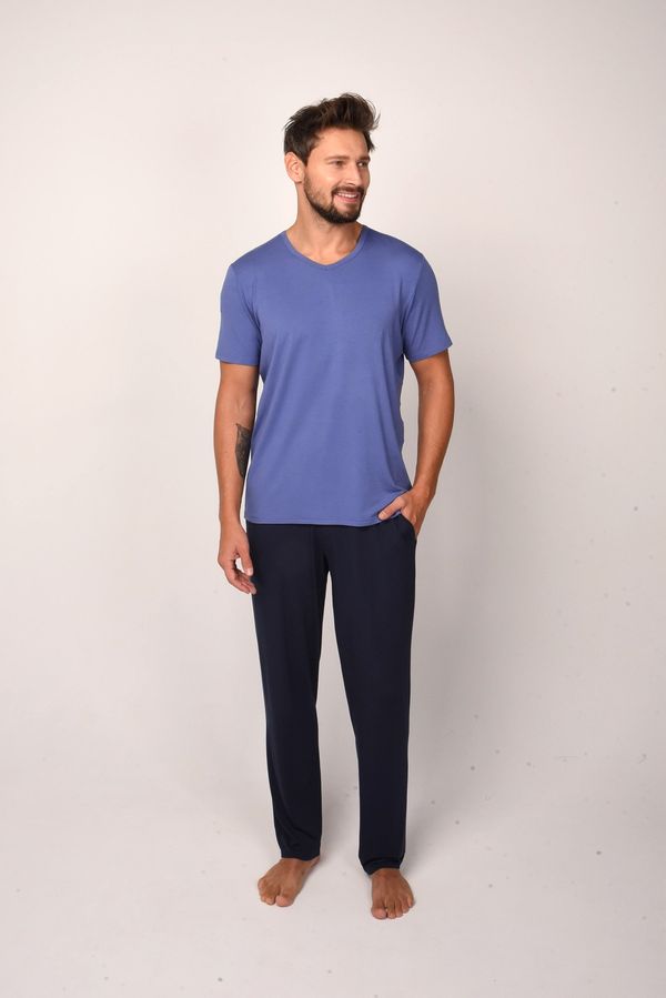 Italian Fashion Men's Pyjamas Dallas, Short Sleeves, Long Pants - Blue/Navy Blue