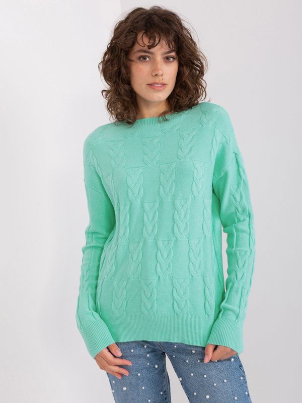 Fashionhunters Mint women's sweater with cables and wool