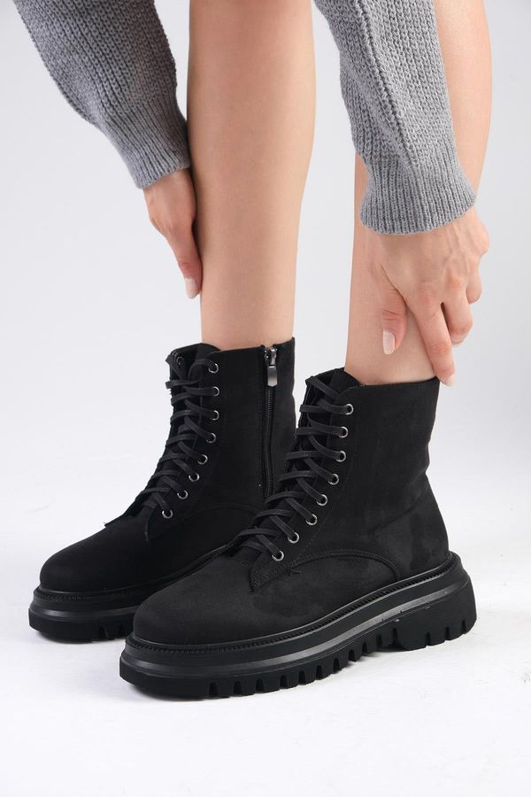 Mio Gusto Mio Gusto Alex Black Color Suede Women's Ankle Boots With Lace And Zipper And Thick Sole.