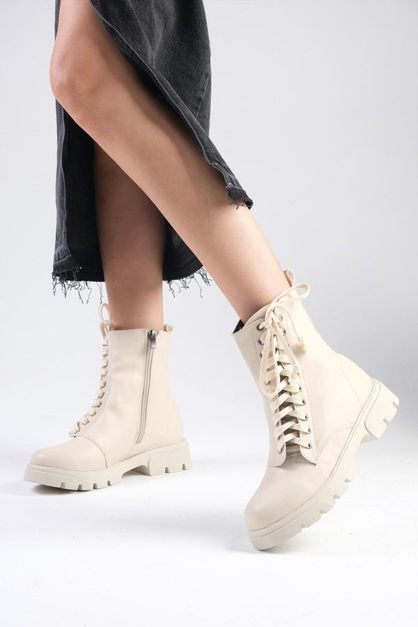 Mio Gusto Mio Gusto Janet Beige Laced and Zippered Thick Soled Women's Combat Boots