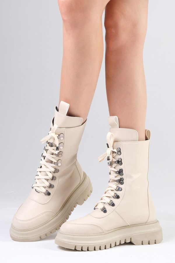 Mio Gusto Mio Gusto Women's Beige Colored Ankle Boots with Leather Shearling Für Lined.