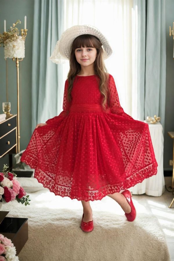 dewberry N8712 Dewberry Princess Model Girls Dress with Hat & Lace-RED